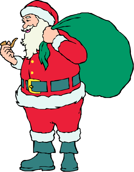 The illustration shows a cartoon depiction of Santa Claus carrying a sack over his shoulder with "Santa" written on it in red letters atop the bag; he is wearing traditional Christmas attire, including boots and gloves, which appear to be black or dark brown, along with white fur trim around the cuffs.