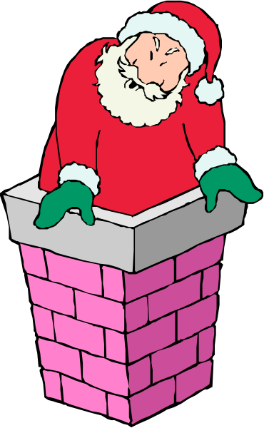 The cartoon depicts Santa Claus sitting on a brick fireplace mantel with his arms crossed over him while looking downward at something off-frame.