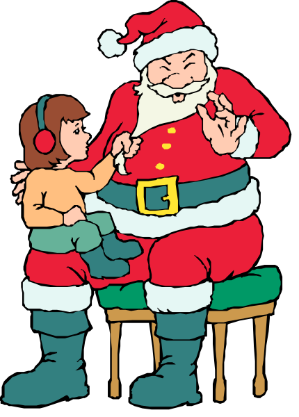 The cartoon depicts Santa Claus sitting on a chair with his hand outstretched towards an animated child who is standing in front of him wearing headphones around their neck.