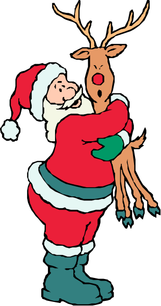 The image features a cartoon depiction of Santa Claus hugging an animated reindeer with antlers while standing on what appears to be snow-covered ground against a dark background.