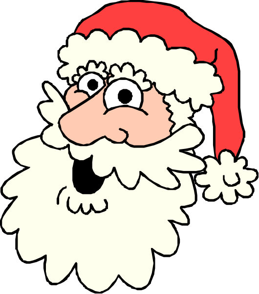 The image shows a cartoon depiction of Santa Claus with his hat on top of him against a black background.