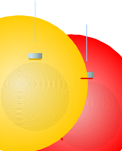 The image shows a digital representation of an experiment with two test tubes containing yellow liquid at different levels; above each tube is a red circle that appears to be emitting light downward into the corresponding tube below, and there's a small blue dot in between these circles on what seems like a vertical axis.