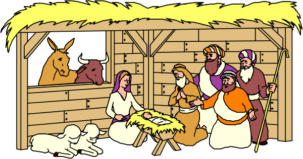 The image depicts a nativity scene with figures of Mary, Joseph, baby Jesus, shepherds, angels, sheep, donkeys, cows, and other elements associated with traditional Christmas story representations in an outdoor setting that resembles a stable or barn structure during nighttime.