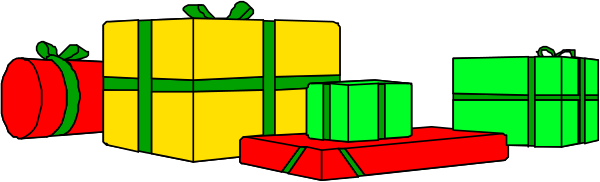 The image shows a colorful train with various presents on it traveling along tracks against a dark background.