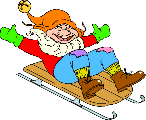 The cartoon depicts a jovial Santa Claus riding on skis with his arms outstretched for balance while wearing blue pants adorned with yellow stripes at the bottom of each leg.