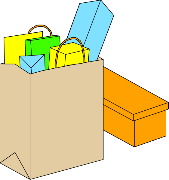 The images show a transformation from an empty shopping bag to a full one with various items inside it over two panels:

1st panel (left): An open brown paper sack on top of a white surface, appearing flat and unoccupied.