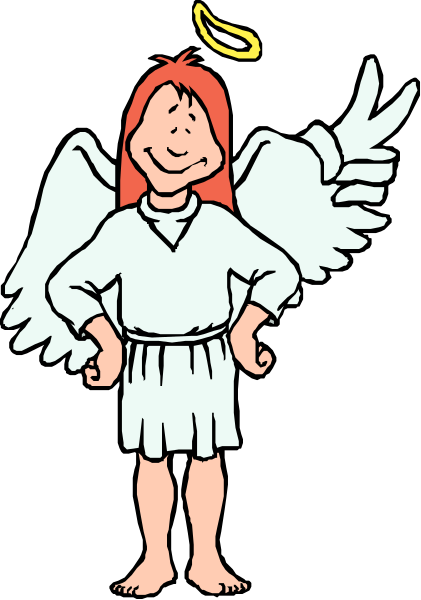 The cartoon depicts a young girl with red hair wearing angel wings standing next to an older woman who is also depicted as having wings but without any visible face features; both characters appear in front of a black background, and there's no text present within this image.