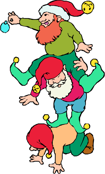 The cartoon shows three gnome figures with beards wearing green hats standing on each other's shoulders; a red-haired figure is balancing atop them while holding an apple in one hand and another object that resembles a bowling pin or ball in the other, suggesting they are performing some sort of acrobatic trick.