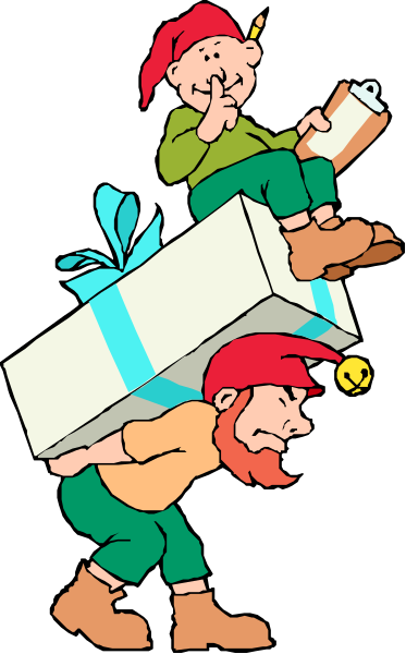 The illustration shows a cartoon of two men carrying an oversized box on their backs with gifts inside; above them is another man sitting atop the gift-filled package holding papers in his hands while looking down, and below him stands a third character who appears to be shouting or calling out something.