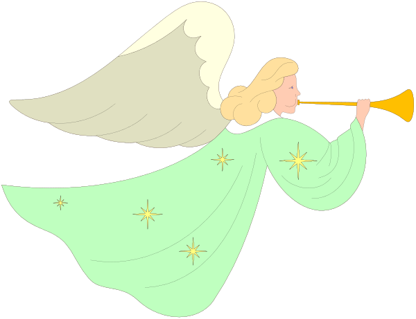 The cartoon depicts an angel playing a trumpet with wings spread wide while standing on top of clouds against a dark background.