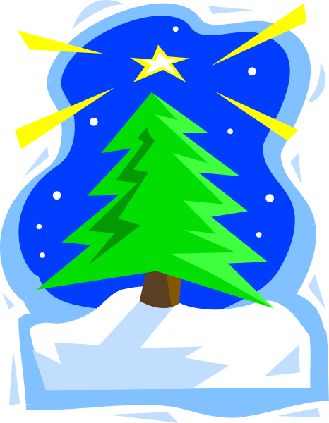 The image shows a cartoon depiction of Christmas with snow on ground around pine tree under starry sky at nighttime; it's stylized as clip-art graphic design.