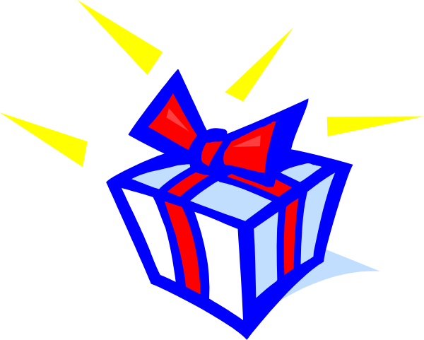 The image shows a colorful gift box with an open top revealing its contents against a dark background; there is also a small explosion of confetti-like shapes around it suggesting excitement or celebration.