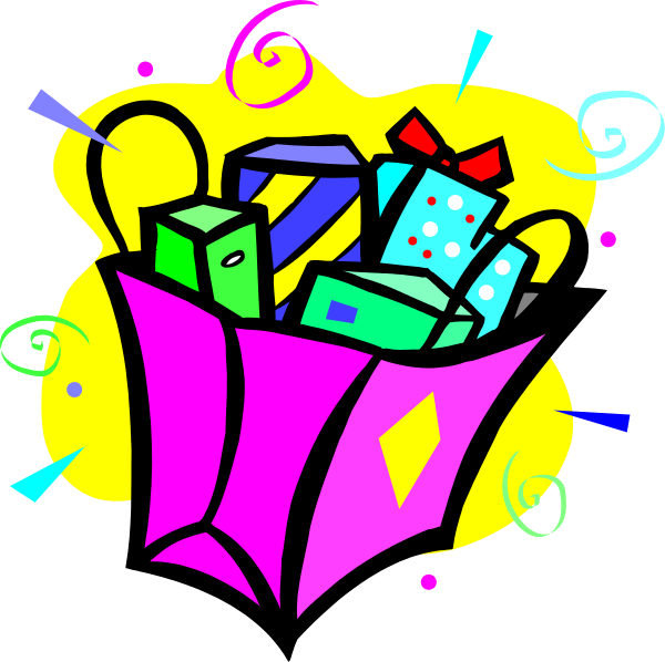 The image shows a colorful gift bag filled with various items such as toys, books, and other small presents; it is set against a black background with swirling patterns in different shades of blue, pink, yellow, green, red, white, purple, orange, brown, gray, and beige.