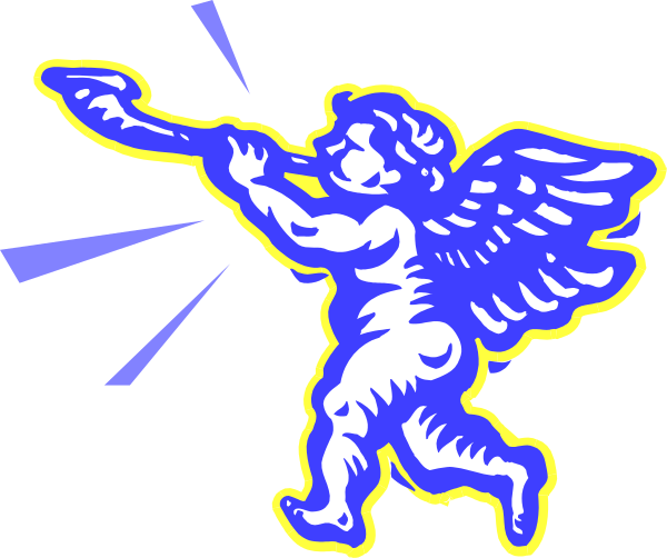 The image shows a cartoon angel with wings holding an object that appears to be on fire; it is set against a dark background with light rays emanating from behind the figure.