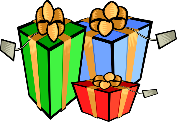 The image shows three gift boxes with ribbons tied around them against a black background; there is no text present on this clip-art illustration.