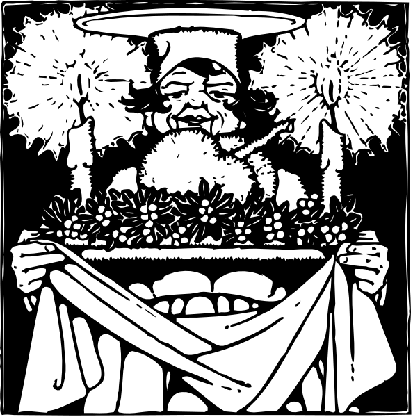 The black and white illustration depicts a festive scene with two figures holding baskets of food on their heads while standing in front of fireworks that spell out "Happy New Year."