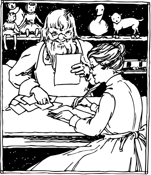 The black and white illustration depicts a man sitting at an old desk with papers spread out before him; he is holding up one of these pieces to show it to another person who stands nearby. This second individual, possibly female based on clothing details like apron strings hanging down from the shoulders, appears surprised or intrigued by what she sees in her hands and looks towards a man standing behind them with an open book held aloft as if explaining something within its pages. The setting suggests they are indoors; there's another person seated at one end of the desk who seems to