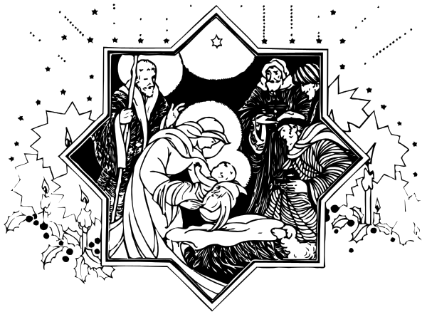 The black and white illustration depicts a scene with three figures: an adult figure on the left holding what appears to be a child in their arms; another central character who seems to have wings and is looking down at both of them, possibly indicating divine presence or protection; and two other individuals standing behind. They are all set against a backdrop that includes stars above and some sort of decorative border below with intricate patterns around the edges. The style suggests it could be from an old book illustration due to its monochromatic nature and detailed line work, which is typical for wood