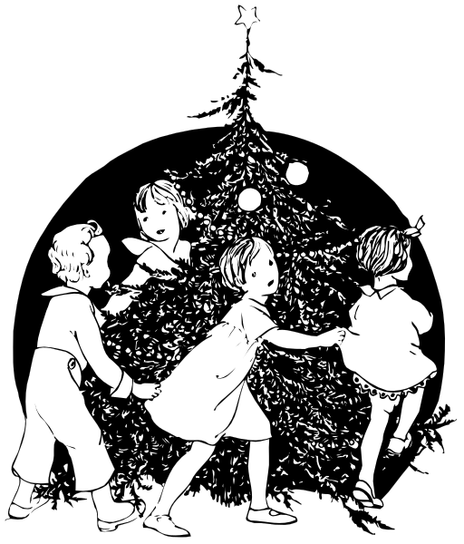 The black and white illustration depicts three children playing around a Christmas tree with lights on it during nighttime.