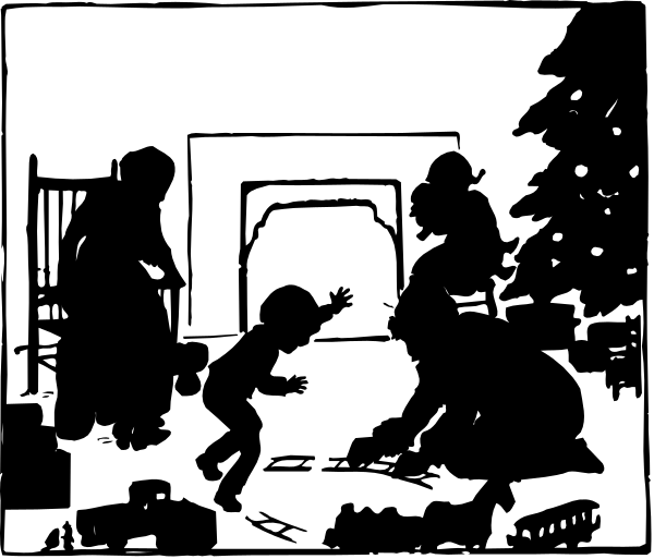 The black and white comic strip shows a family of three with two adults standing by an open door while their child is playing on the floor in front of them; there's also another person sitting down next to some toys, including what appears to be train tracks leading into or out from under the table.