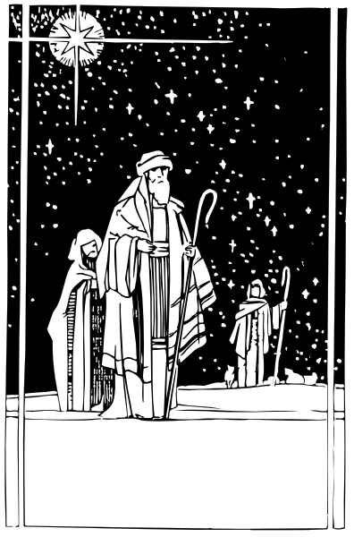 The black and white illustration depicts a night sky scene with an angelic figure standing on what appears to be a cloud-like platform in front of stars; below this celestial backdrop is another character, possibly humanoid but not fully visible due to perspective angle, holding something that could resemble musical notes or instruments.