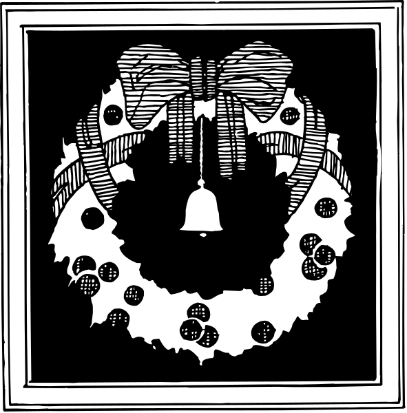 The black and white illustration shows a Christmas wreath with holly leaves at its center surrounded by red berries on top of which is an angel figurine holding what appears to be bells in each hand, positioned above two candles that resemble church candle holders; below the wreath are three presents.