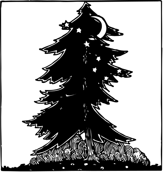 The black and white illustration shows a tall evergreen tree with snow on its branches under a full moon at nighttime in an outdoor forested area during winter.
