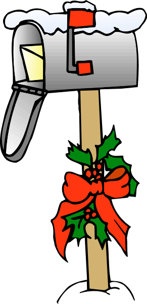The image shows a Christmas mailbox with an illustration of snowflakes above it on top right corner; there is also a red bow attached to its side.
