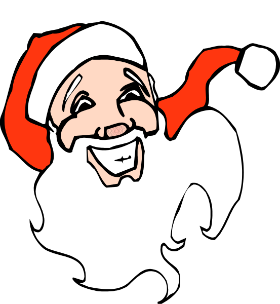 The image features a cartoon depiction of Santa Claus with an exaggerated facial expression that appears to be laughing maniacally while wearing his traditional red suit trimmed in white fur around the cuffs and collar, black boots, and holding what looks like a candy cane or lollipop.