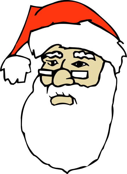 The image shows a cartoon of Santa Claus with glasses on his face wearing red pants and boots, holding what appears to be an object in one hand while standing against a black background.