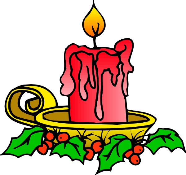 The image shows a candlelit wreath with two lit candles on either side of an unburned red candle in between them; above this arrangement is another smaller candle that has been melted down to create dripping wax, and below it there's a small basket filled with berries.