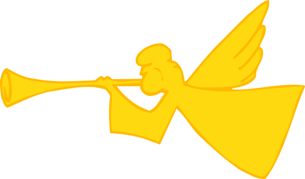 The image shows a cartoon angel playing an instrument that resembles a trumpet with its wings spread out behind it against a plain background.