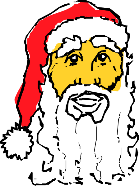 The image shows a black and white illustration of an elderly man with facial hair wearing glasses, dressed as Santa Claus in red clothing against a gray background.