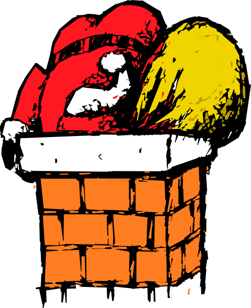 The image shows a cartoon of Santa Claus sitting inside an orange brick fireplace with his legs hanging out over Christmas presents in front of him.