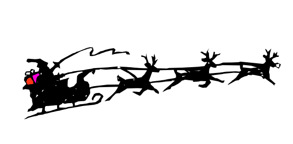 The image shows a black and white cartoon of Santa Claus riding on reindeer with snowflakes falling around them against a gray background.