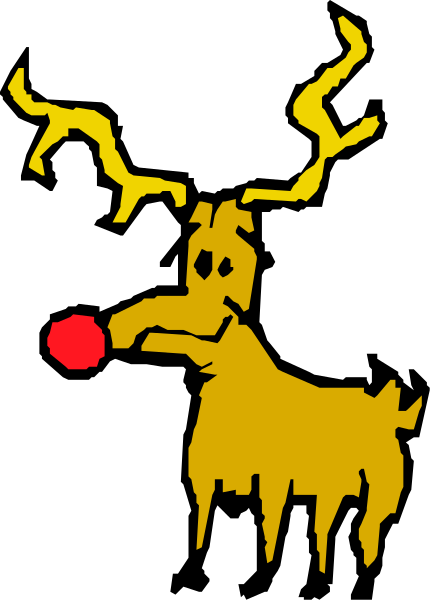 The image shows a cartoon of an animated reindeer with antlers holding mistletoe berries near its mouth while standing on what appears to be snow-covered ground at nighttime.