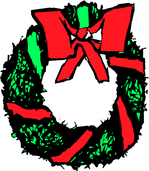 The image shows a Christmas tree with red ribbons tied around it at its base.