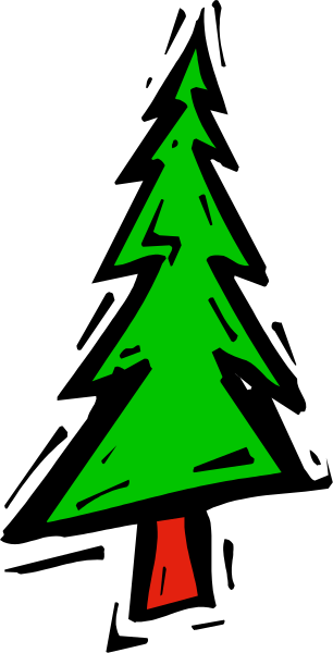 The image shows a black and white photo of an evergreen tree with red decorations on it against a gray background.