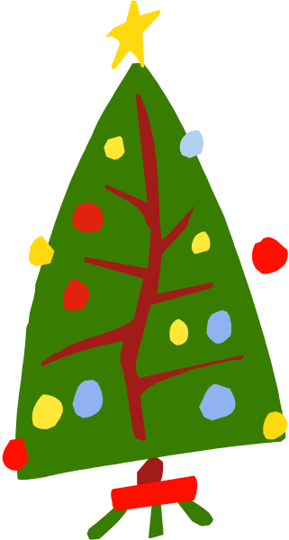 The image shows a simple Christmas tree with decorations such as red balls at its base, green needles on branches, blue bulbs along trunk lines that resemble snowflakes, and an orange star on top of it all against a plain background.