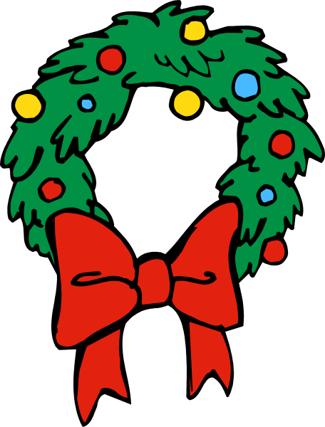 The image shows a festive holiday wreath with red ribbon bow on top of it against a white background.
