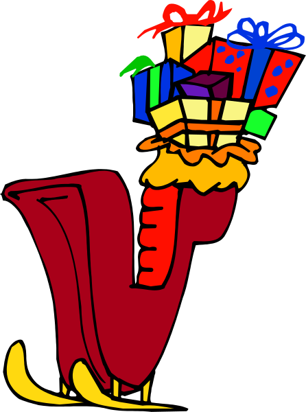 The image shows a cartoon of an open gift box with various presents inside it placed on top of what appears to be a red carousel horse figure against a black background.