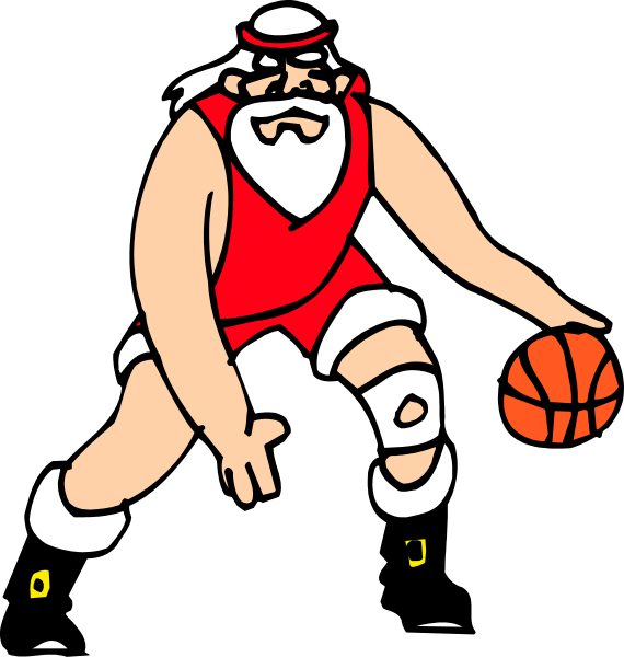 The cartoon depicts a man dressed as Santa Claus playing basketball with an exaggeratedly large hand holding onto his shorts while dribbling a ball in one hand.