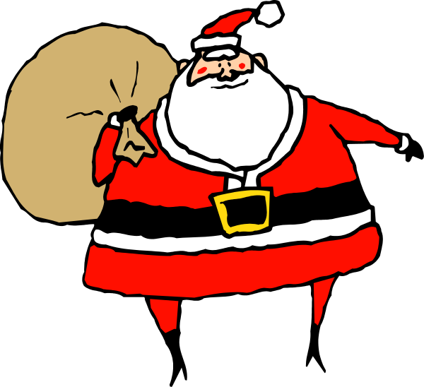 The cartoon depicts Santa Claus holding a sack of presents with his left hand while balancing on two bags filled to capacity in each arm; he is standing against a black background.