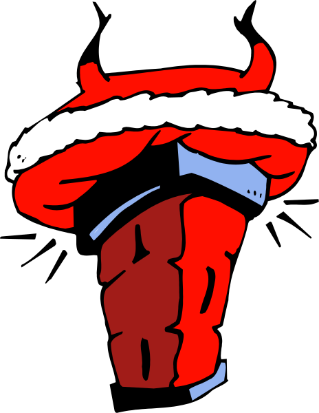The image shows a cartoon of an object that resembles a bomb with red fuse ends on either side, wearing what appears to be Santa Claus's hat in shades of blue and white atop it; there is no text present within this small clip-art image.