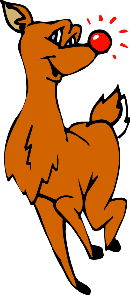 The image shows a cartoon deer with red eyes peeking out from behind what appears to be an open book page featuring a reindeer character in front of Christmas trees.