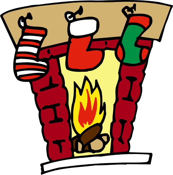The image shows a Christmas fireplace with stockings hanging on it filled with presents; there is no depiction of any person, animal, action, or specific setting other than what has been described above.