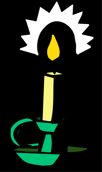 The image shows a candle with two wicks inside an illuminated glass jar on top of what appears to be water in front of it; there is also another smaller flame atop one end of the larger candle, and below this central figure stands a small cup or bowl that seems filled with liquid.