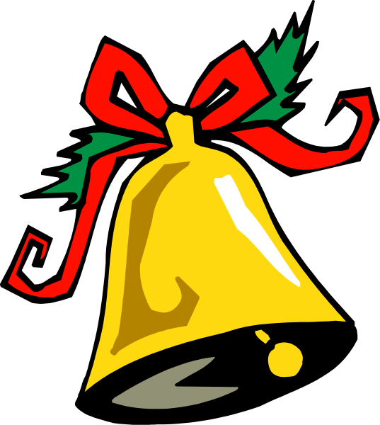 The image shows a yellow bell with two red bows on top of it against a black background.