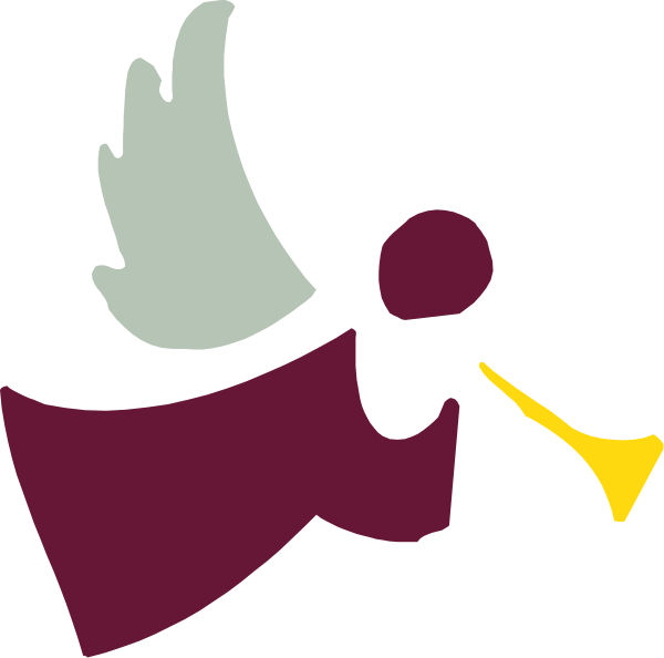 The image shows a stylized graphic of an angel with wings holding what appears to be a microphone over its mouth in front of a dark background; there is no text present on this clip-art image.