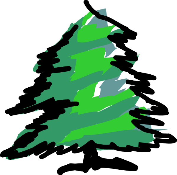 The image shows a stylized representation of an evergreen tree with green needles against a black background.